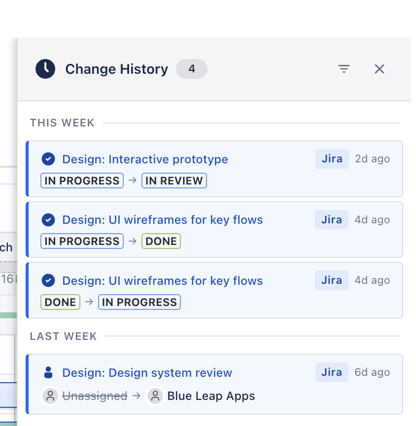 Baseline comparison view with variance indicators and change history panel
