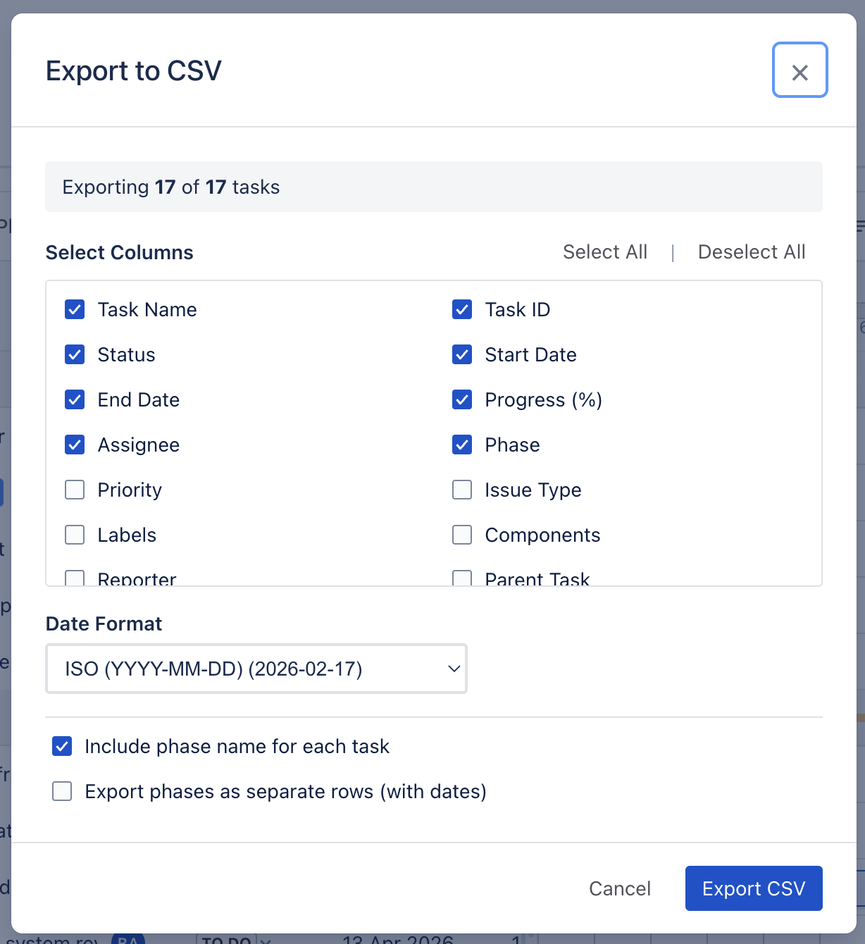 Export modal with column selection and Share URL dialog